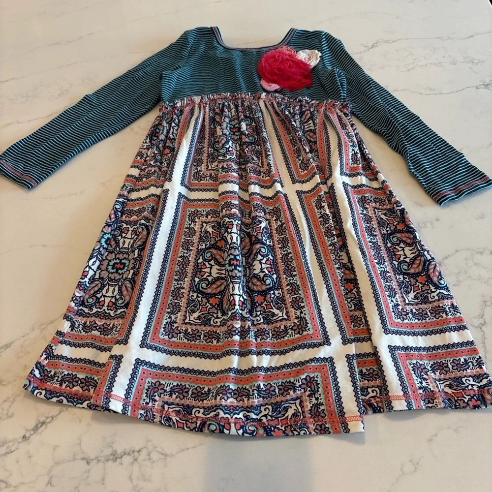 PinkVanilla Teal and Patterned Kids Dress with Red Floral Detail